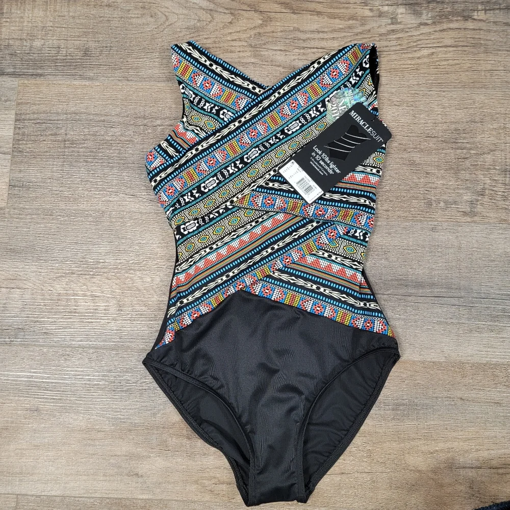 Miraclesuit NWT Black Multi Brio Underwire One Piece Swimsuit 8 MSRP $178